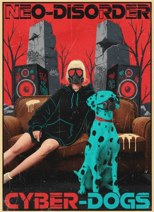 Retro Cyberpunk Poster Rot-Cyan-Kontrast, abgenutzte Flats, Punk-Hoodies, Gasmasken