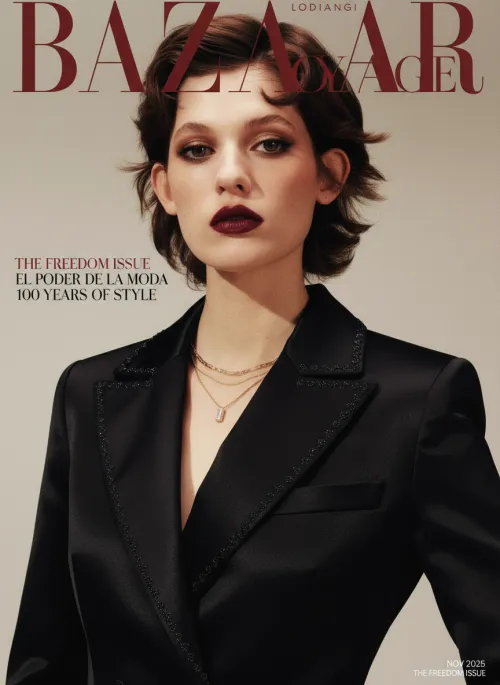 Haute-Couture-Cover Luxusmode, dramatische Beleuchtung, ikonisches Masthead, kühne Linien