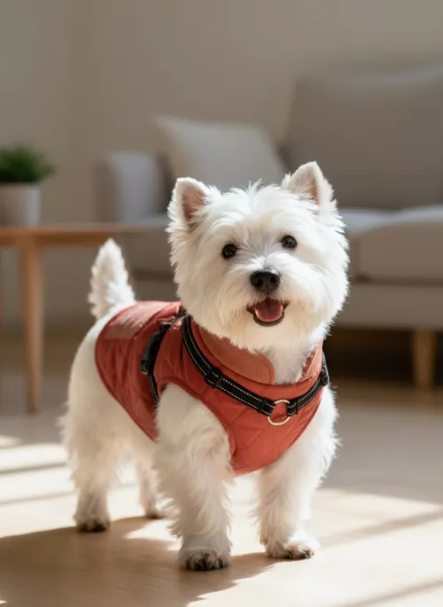 Anuncio de prueba para mascotas Perro elegante, interior iluminado por el sol, ropa de alta costura, poca profundidad de campo