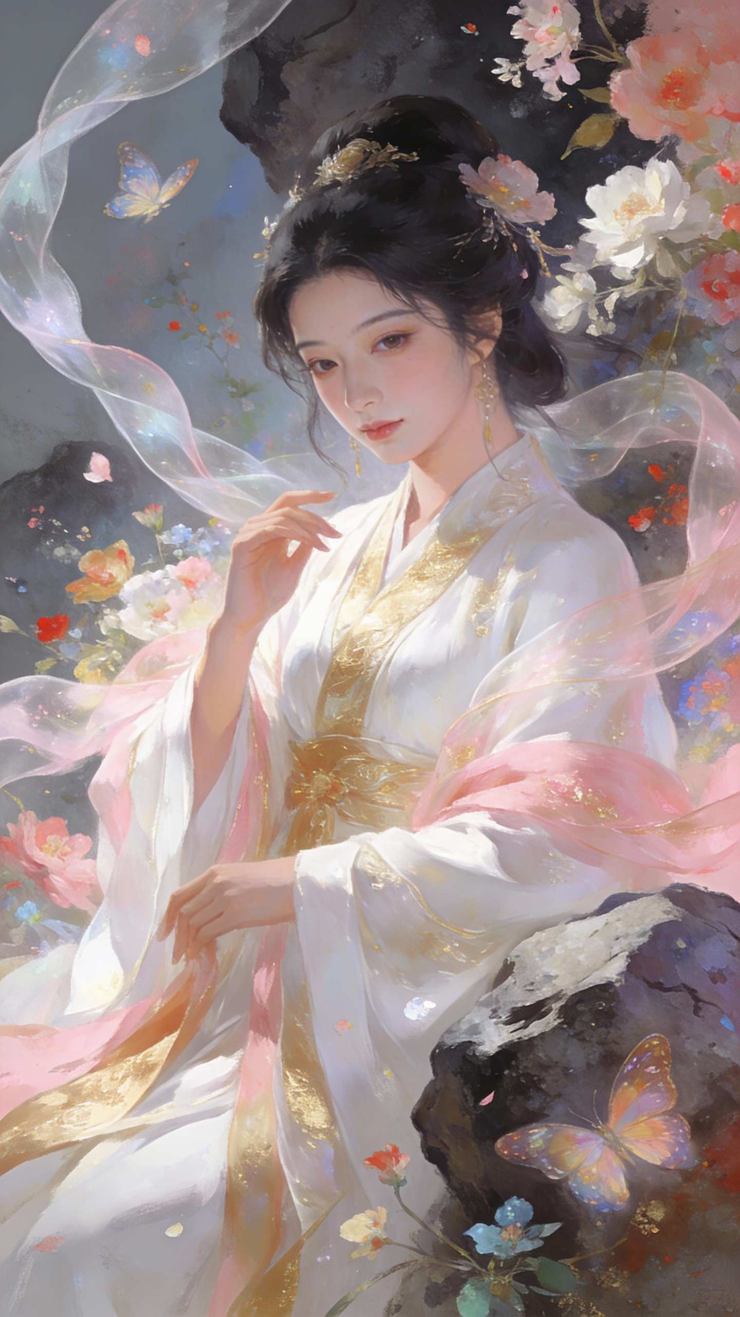 中式岩彩板绘风人物插画壁纸AI图片生成|灵感| iMini AI