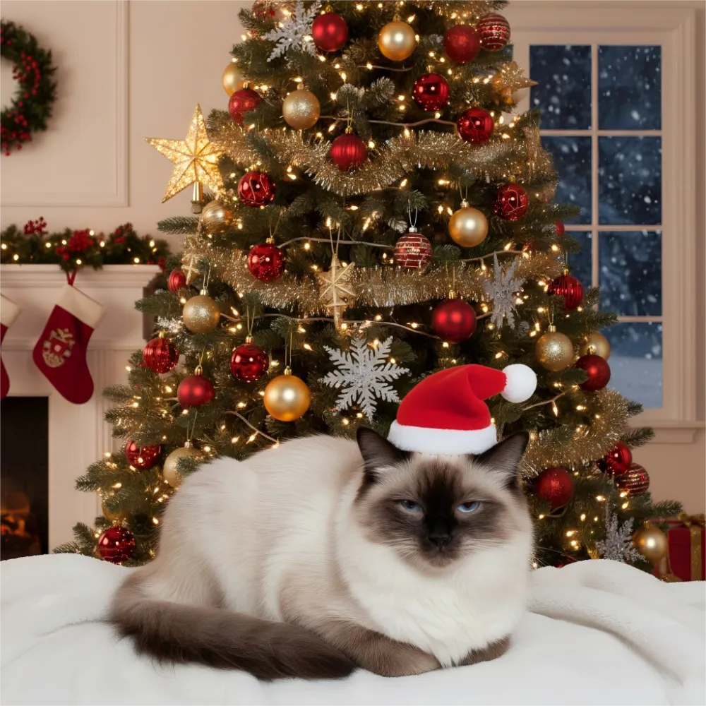 fluffy chocolate point ragdoll cat wearing a cute red Christmas hat